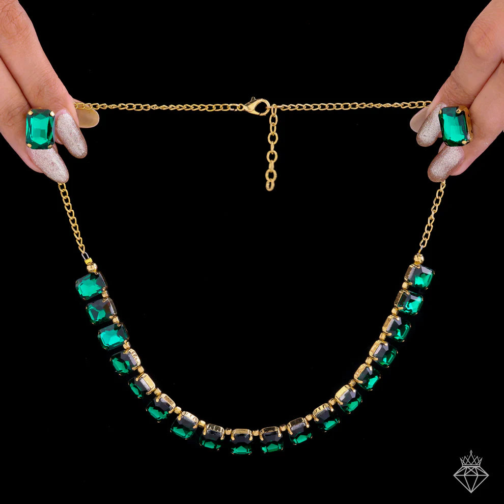 Celeste Single-Line Emerald Necklace Set With Earrings