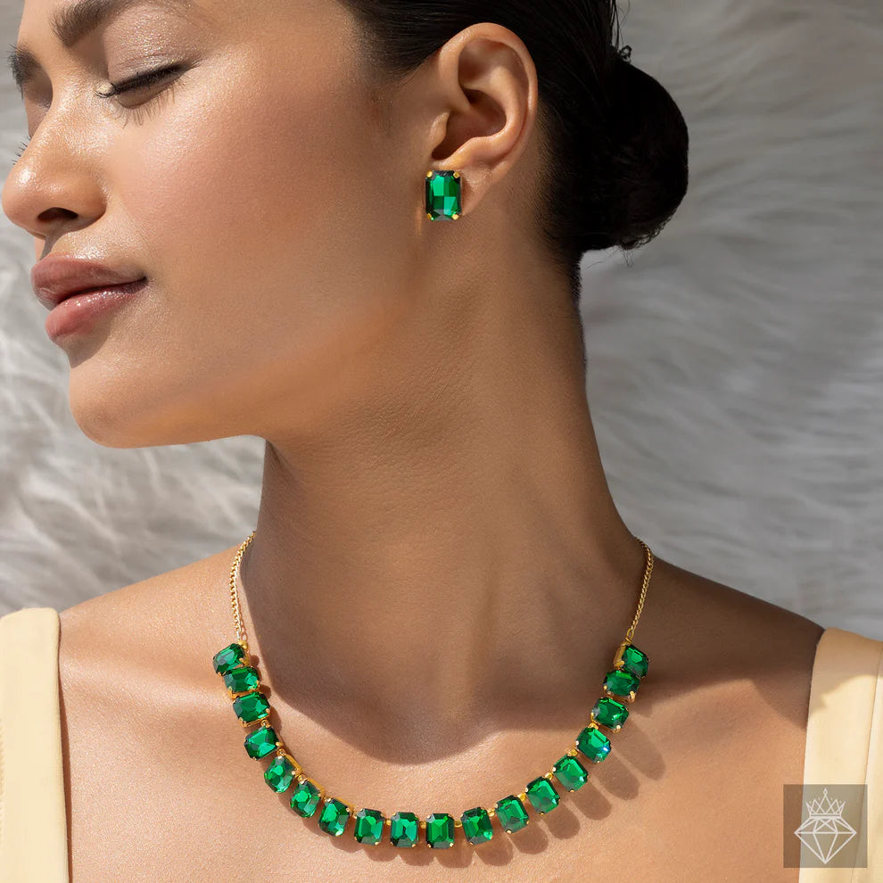 Celeste Single-Line Emerald Necklace Set With Earrings
