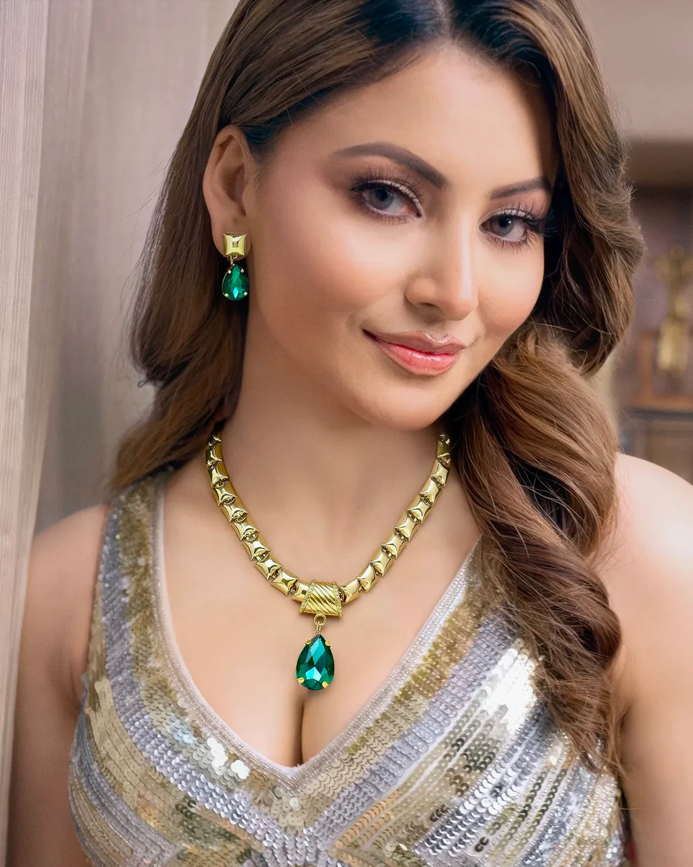 Celeste Anti-Tarnish Emerald Crystal Necklace Set With Earrings