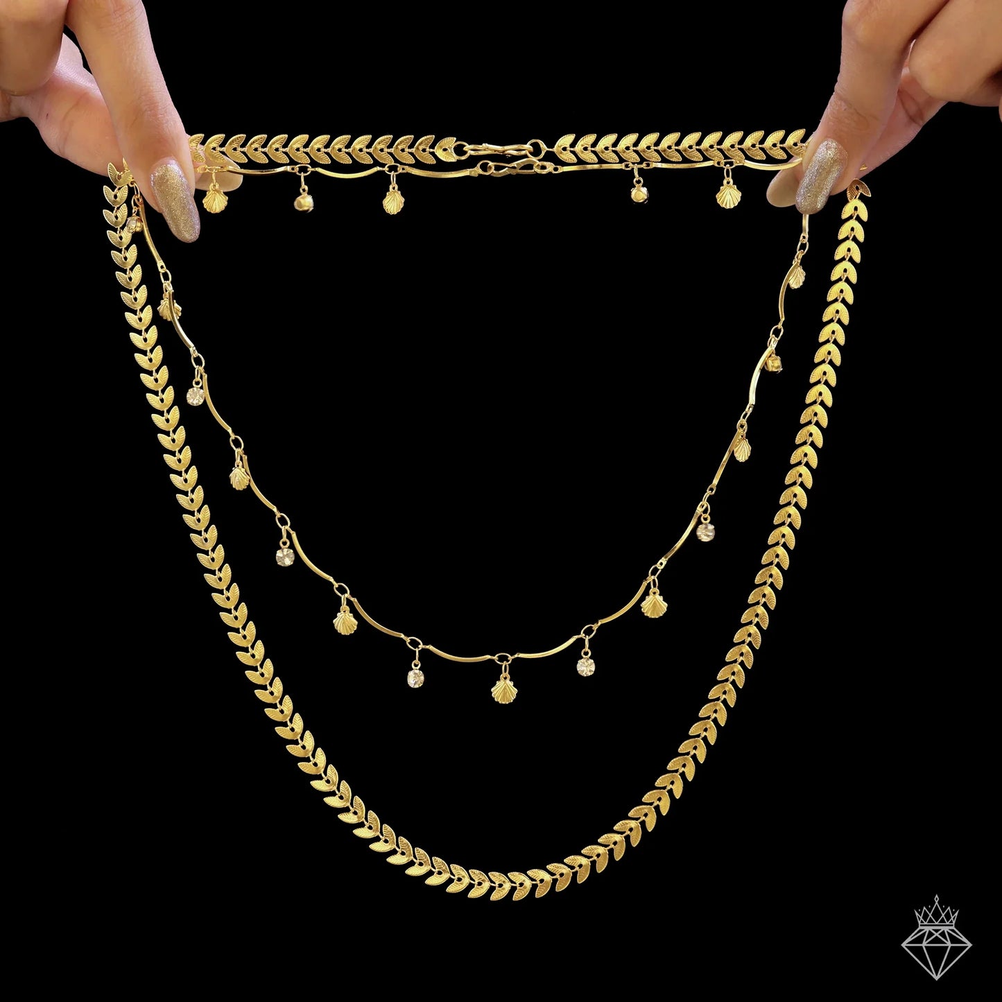 Celeste Anti-Tarnish Double Layer Chevron Chain with Shell Charms Necklace