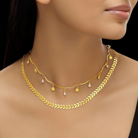 Celeste Anti-Tarnish Double Layer Chevron Chain with Shell Charms Necklace