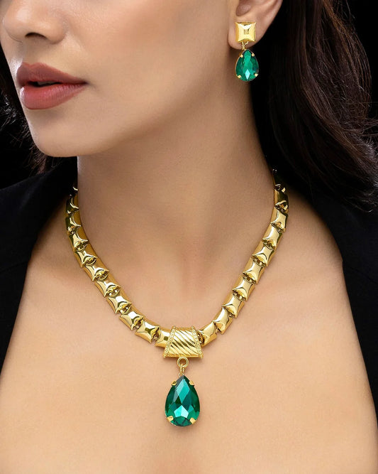 Celeste Anti-Tarnish Emerald Crystal Necklace Set With Earrings