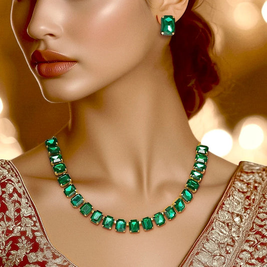Celeste Single-Line Emerald Necklace Set With Earrings