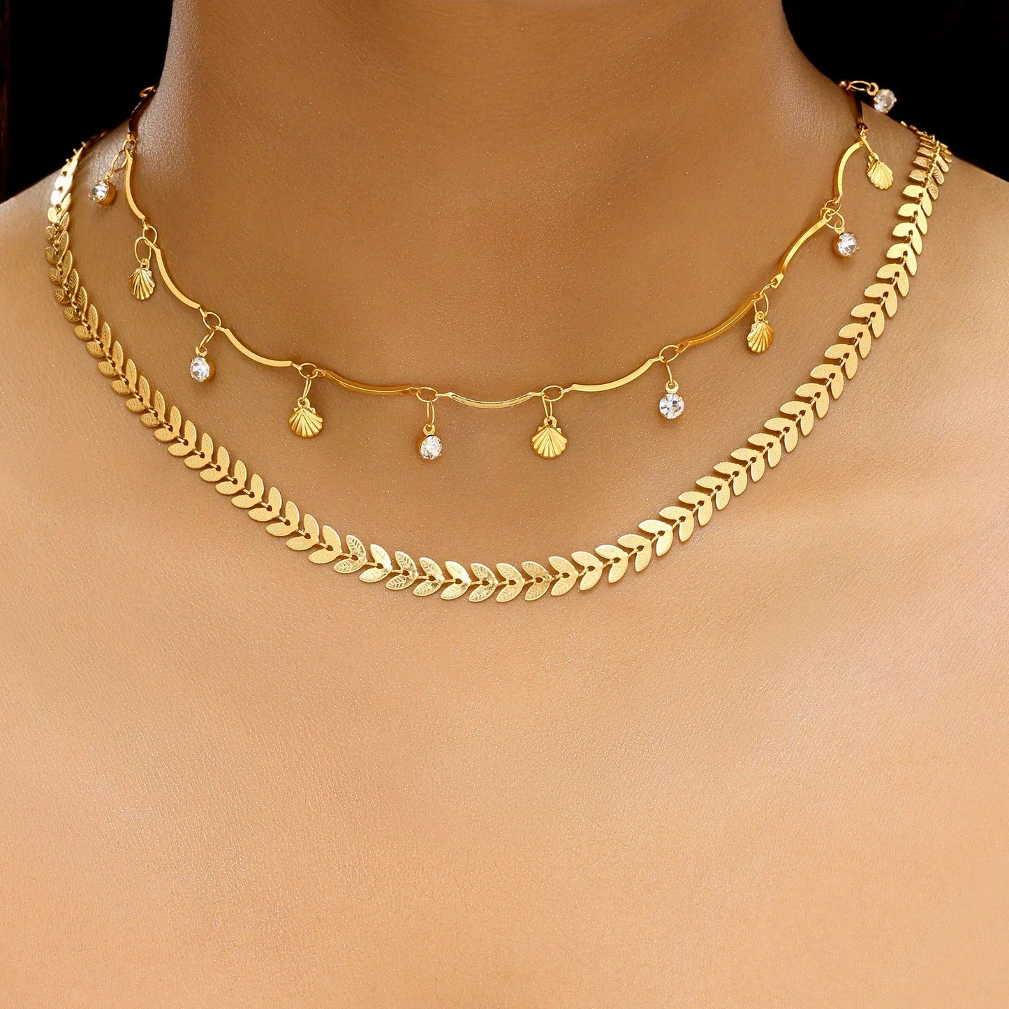 Celeste Anti-Tarnish Double Layer Chevron Chain with Shell Charms Necklace