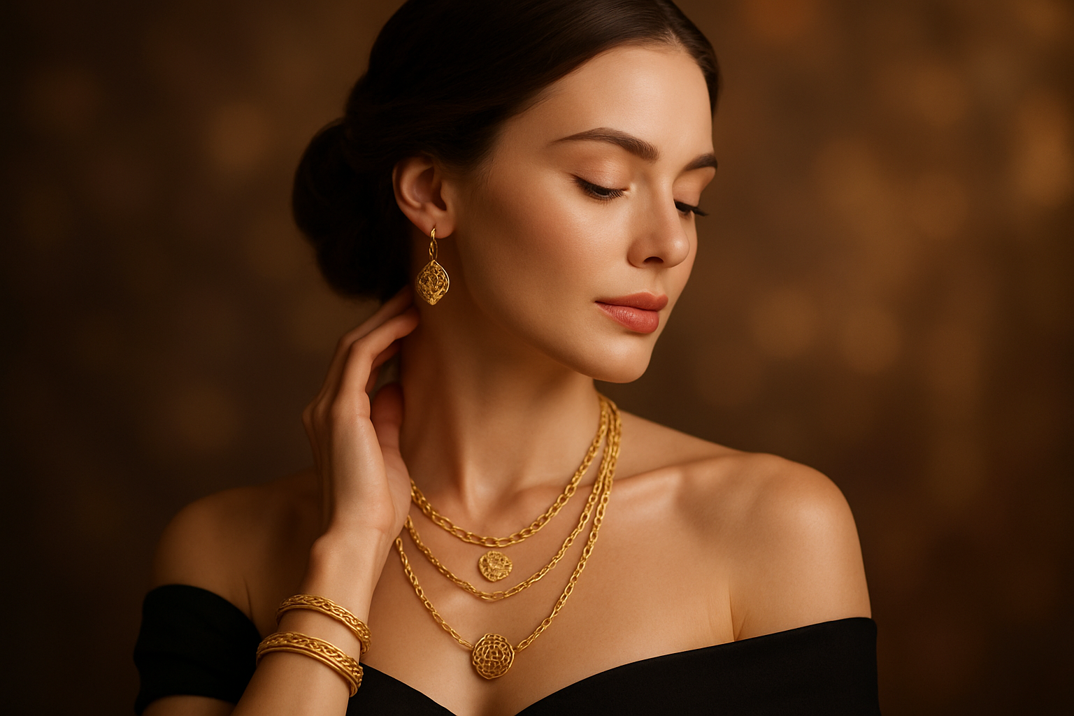 a beautiful women with some gold jewelry on it